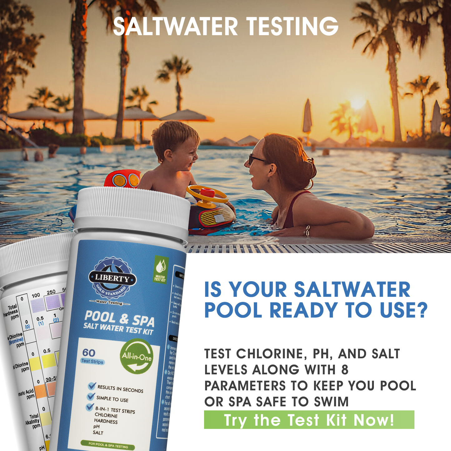 Salt Water Test Strips (121-Piece Kit) 8 Tests for Saltwater Swimming Pools & Spas